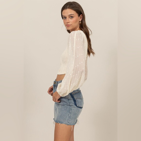 39B. Balloon Sleeve Smocked Sequin Crop Top - Cream - Picture 5 of 5